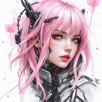 The primary subject of the image is a woman with pink hair, wearing a futuristic outfit. She is the main focus of the image. The setting is a futuristic environment, with a backdrop of a pink and white background. The visual style is digital art, as the woman is depicted in a digital painting. The colors and mood of the image are predominantly pink and futuristic, creating a unique and eye-catching scene.